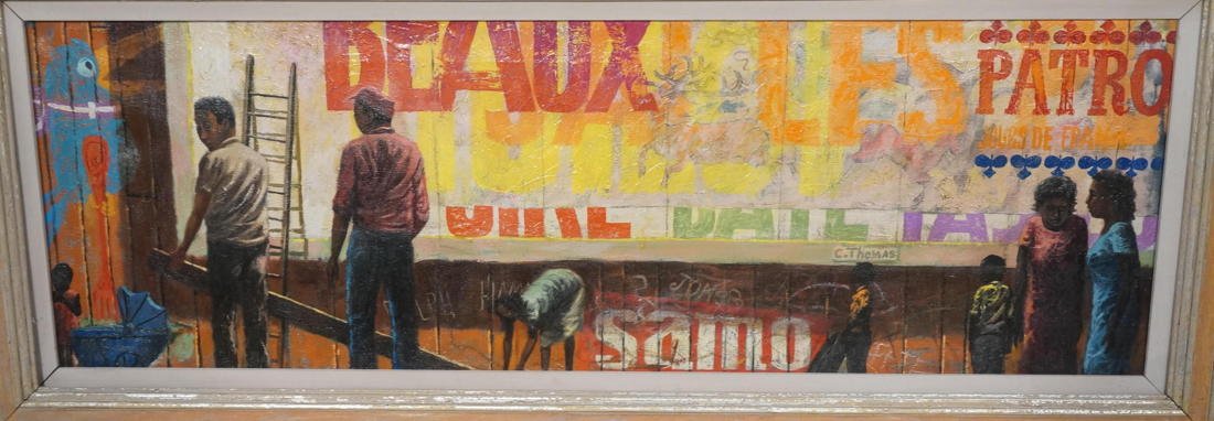 C THOMAS Oil Painting Modernist. Men with ladder.: C THOMAS Oil Painting Modernist. Men with ladder. Street Scene. Graphic sign images.-- Dimensions: Image Size: H: 13 inches: W: 39.5 inches ---