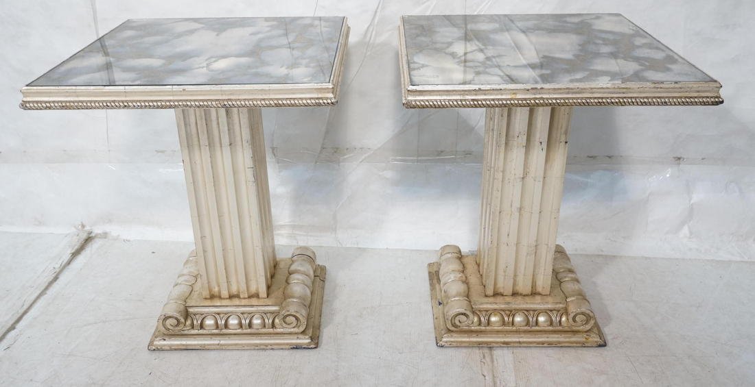 Pr GROSFELD HOUSE Silver Leaf & Mirror Side Table: Pr GROSFELD HOUSE Silver Leaf & Mirror Side Tables. Fluted column form pedestal bases. Thick frame around silver leaf mirror tops. Not marked-- Dimensions: H: 28 inches: W: 23 inches: D: 23 inches ---
