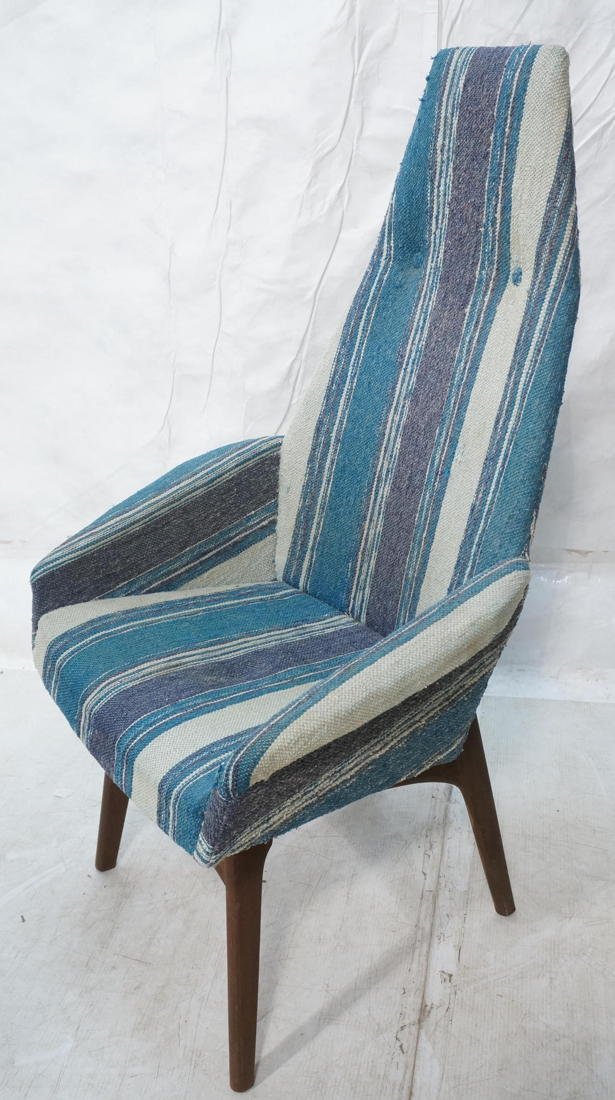 ADRIAN PEARSALL Tall Back Upholstered Lounge Chai: ADRIAN PEARSALL Tall Back Upholstered Lounge Chair. Walnut American Modern Vintage Frame. Blue striped fabric. Upholstered arms-- Dimensions: H: 47 inches: W: 27 inches: D: 27 inches ---