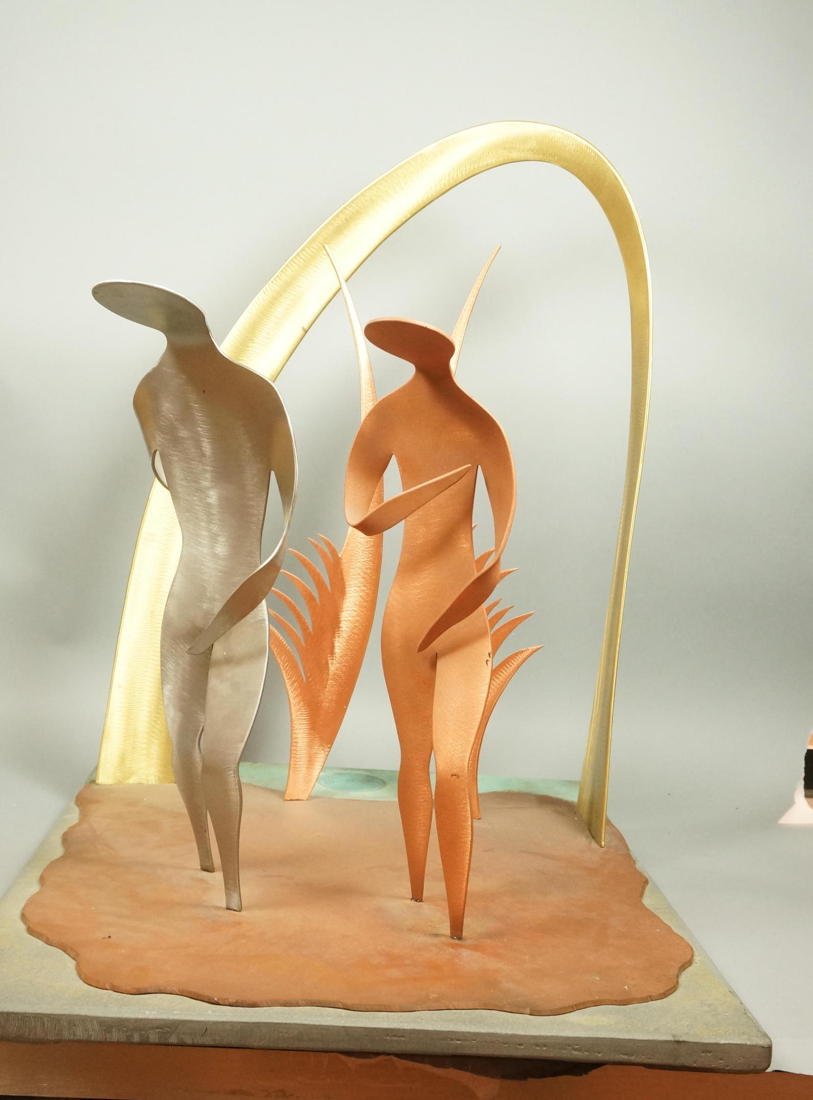 Artisan Table Sculpture. Adam & Eve Expelled from: Artisan Table Sculpture. Adam & Eve Expelled from Paradise. Brushed Copper, steel & Brass. On slate/flagstone slab base. -- Dimensions: H: 30.5 inches: W: 23.5 inches: D: 28 inches ---