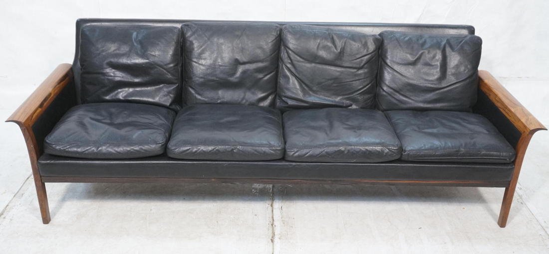 Hans Olsen Attributed Rosewood Sofa Coach. Danis: Hans Olsen Attributed Rosewood Sofa Coach. Danish Modern Rosewood Frame with Leather cushions. Not marked-- Dimensions: H: 28.5 inches: W: 88 inches: D: 29 inches ---