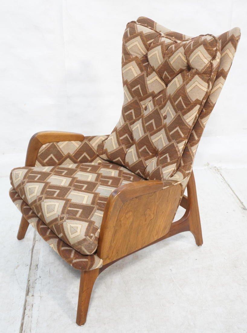 ADRIAN PEARSALL Tall Back Lounge Chair. Walnut Am: ADRIAN PEARSALL Tall Back Lounge Chair. Walnut American Modern Frame with exposed wood sides. Triangular brown beige fabric.-- Dimensions: H: 4202.5 inches: W: 28 inches: D: 33 inches ---
