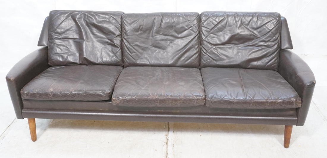 Brown Leather Danish Modern Teak Sofa Couch. HERO: Brown Leather Danish Modern Teak Sofa Couch. HERO MOBLER. Tapered square angled legs. Dark brown leather cushions and frame. Marked-- Dimensions: H: 30 inches: W: 78 inches: D: 34 inches ---