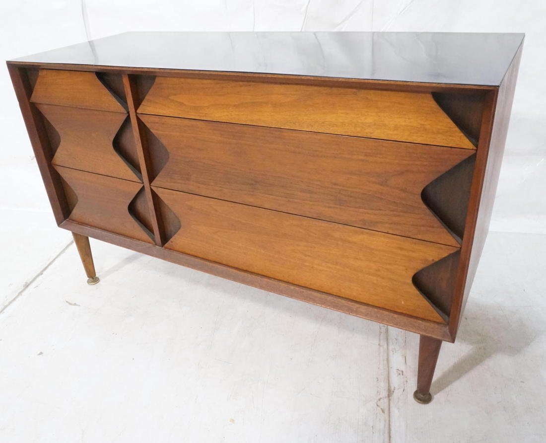 Modernist Three Drawer Dresser GROSFELD HOUSE. Th: Modernist Three Drawer Dresser GROSFELD HOUSE. Three Drawers with contrasting color shaped fronts. Peg legs. Marked. -- Dimensions: H: 30 inches: W: 48 inches: D: 19 inches ---
