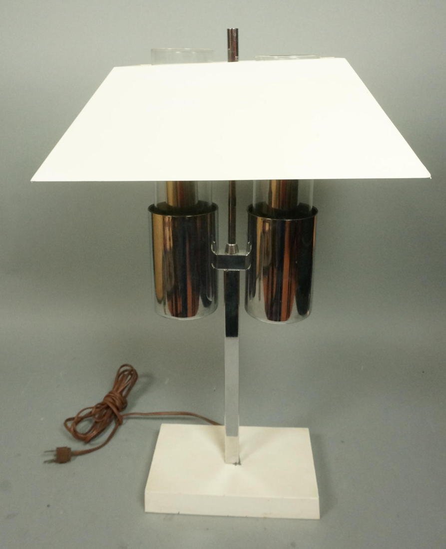 RAYMOR Chrome Desk Lamp. Square column rod wit: RAYMOR Chrome Desk Lamp. Square column rod with two chrome cylinder details. Two tube glass hurricane shades. White painted base. -- Dimensions: H: 23.5 inches: W: 14.5 inches: D: 9.75 inches ---