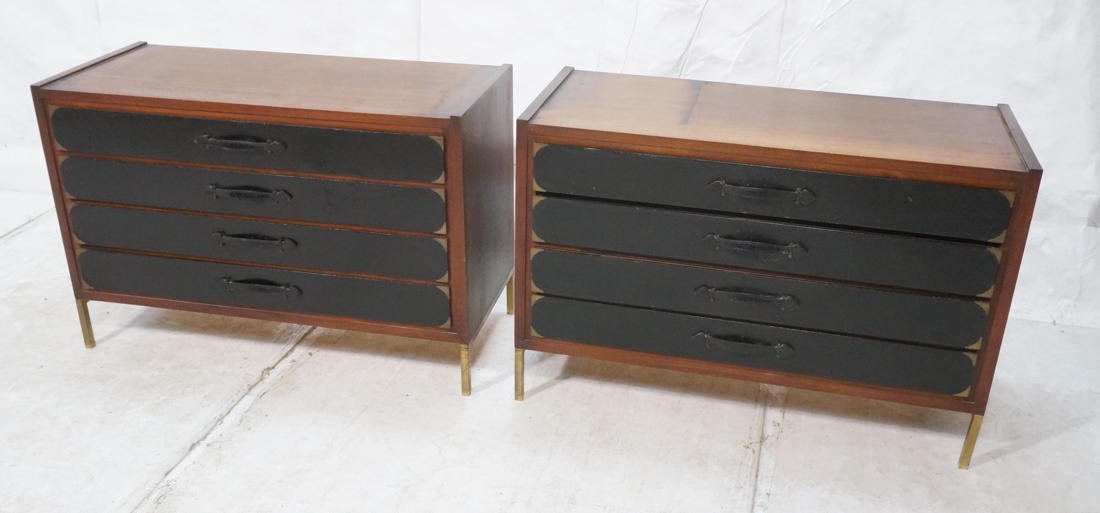 Pr Bachelors Chest. DONALD DESKEY style. Black le: Pr Bachelors Chest. DONALD DESKEY style. Black leather front drawers with leather handles. Brass Corner caps. legs & trim.-- Dimensions: H: 28 inches: W: 41.5 inches: D: 18 inches ---