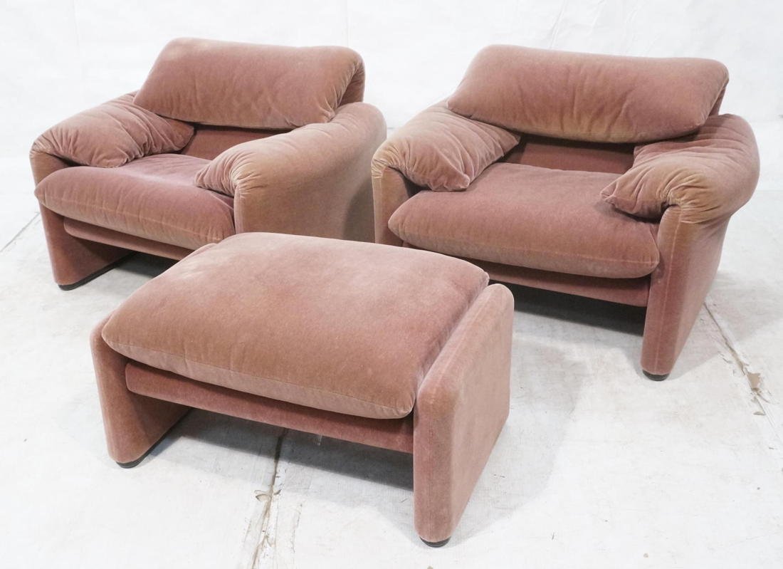 3pc CASSINA Upholstered Seating. Two Lounge Chair: 3pc CASSINA Upholstered Seating. Two Lounge Chairs & Ottoman. Pale Mauve/ Purple fabric covered chairs. -- Dimensions: H: 29 inches: W: 40 inches: D: 32 inches ---