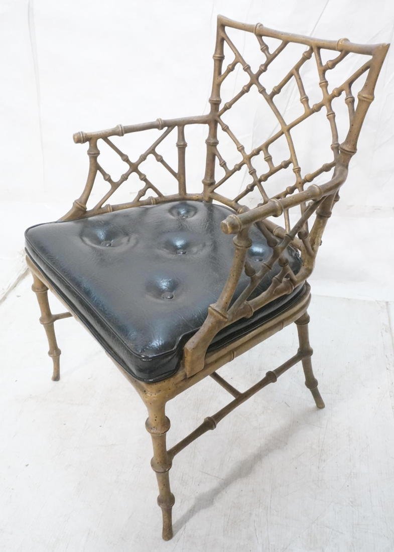 PHYLLIS MORRIS Metal Faux Bamboo Arm Side Chair. Paint: PHYLLIS MORRIS Metal Faux Bamboo Arm Side Chair. Painted finish. Probably cast aluminum. Black vinyl seat cushion. -- Dimensions: H: 34 inches: W: 22.5 inches: D: 20 inches ---