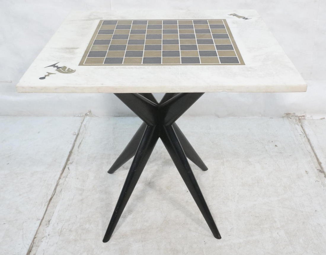 Italian Marble Chess Checkers Game Table. Vintage: Italian Marble Chess Checkers Game Table. Vintage Modern Ebonized Wood Corseted Base. Thick marble top.-- Dimensions: H: 28.5 inches: W: 32 inches: D: 32 inches ---