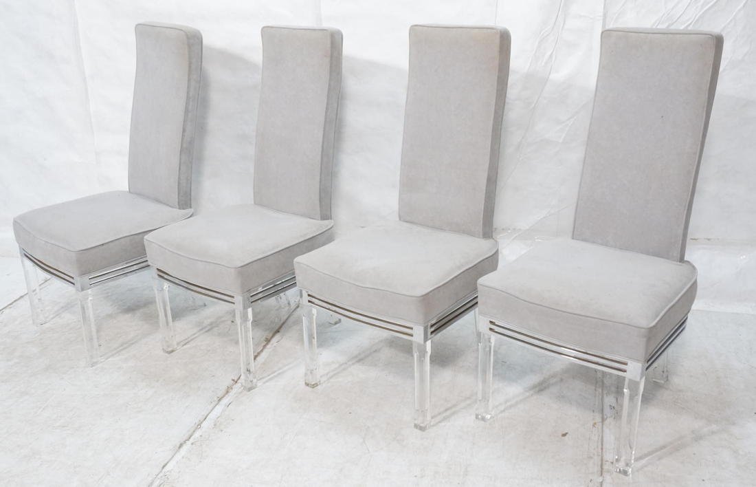 Set 4 Lucite & Chrome Tall Back Dining Chairs. Hi: Set 4 Lucite & Chrome Tall Back Dining Chairs. Hill Manuf. attribution. Gray Plush Upholstery. Not marked. -- Dimensions: H: 44 inches: W: 20 inches: D: 21 inches ---