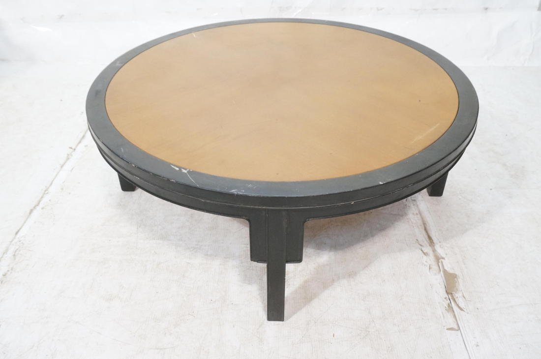 BAKER Cocktail Coffee Table. Asian Inspired Round: BAKER Cocktail Coffee Table. Asian Inspired Round Table with Ebonized border trim on warm wood table.-- Dimensions: H: 16 inches: W: 42 inches: D: 42 inches ---