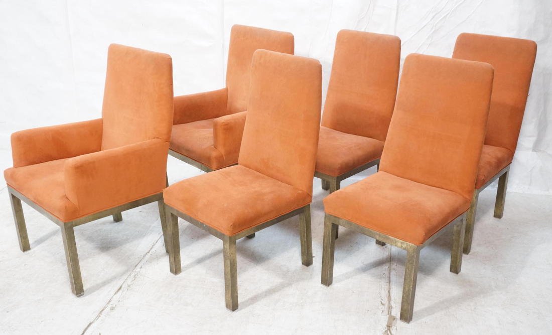 Set 6 Fabric Upholstered Brass Frame MASTERCRAFT: Set 6 Fabric Upholstered Brass Frame MASTERCRAFT style Dining Chairs. Two Arm & 4 Side Chairs. Heavy solid construction-- Dimensions: H: 39.5 inches: W: 24.75 inches: D: 24 inches ---