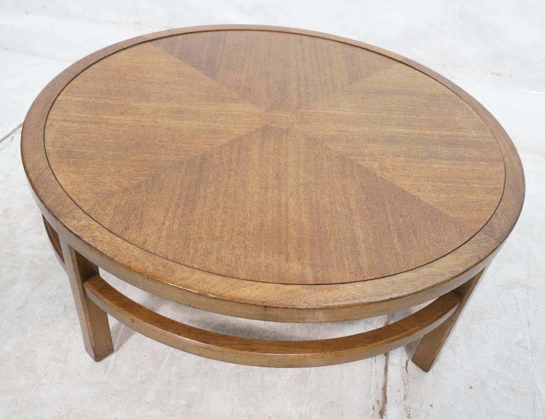 WIDDICOMB American Round Cocktail Coffee Table. B: WIDDICOMB American Round Cocktail Coffee Table. Banded top with four section detail. Marked WIDDICOMB Acacia. -- Dimensions: H: 15.25 inches: W: 40 inches: D: 40 inches ---