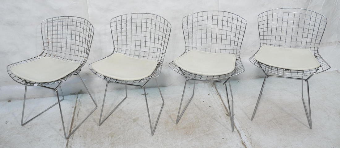 Set 4 Harry Bertoia Wire Grid Side Chairs. Chrome: Set 4 Harry Bertoia Wire Grid Side Chairs. Chrome Finish. White vinyl Seat Cushions.-- Dimensions: H: 28.5 inches: W: 21 inches: D: 20.5 inches ---