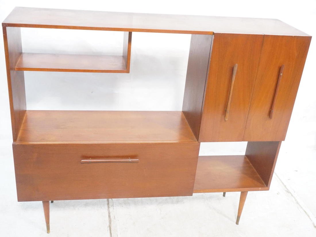 American Modern Walnut Bar Cabinet. Tapered legs.: American Modern Walnut Bar Cabinet. Tapered legs. Brass Caps. Wood pulls. -- Dimensions: H: 45.5 inches: W: 53 inches: D: 16 inches ---