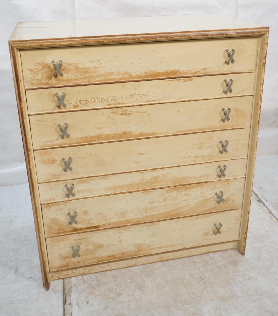 PAUL FRANKL Tall Chest Dresser. Seven Drawer Che: PAUL FRANKL Tall Chest Dresser. Seven Drawer Chest with Metal "X" pulls. John Stuart metal tag. Johnson Furniture Co. -- Dimensions: H: 45.5 inches: W: 40 inches: D: 21 inches ---