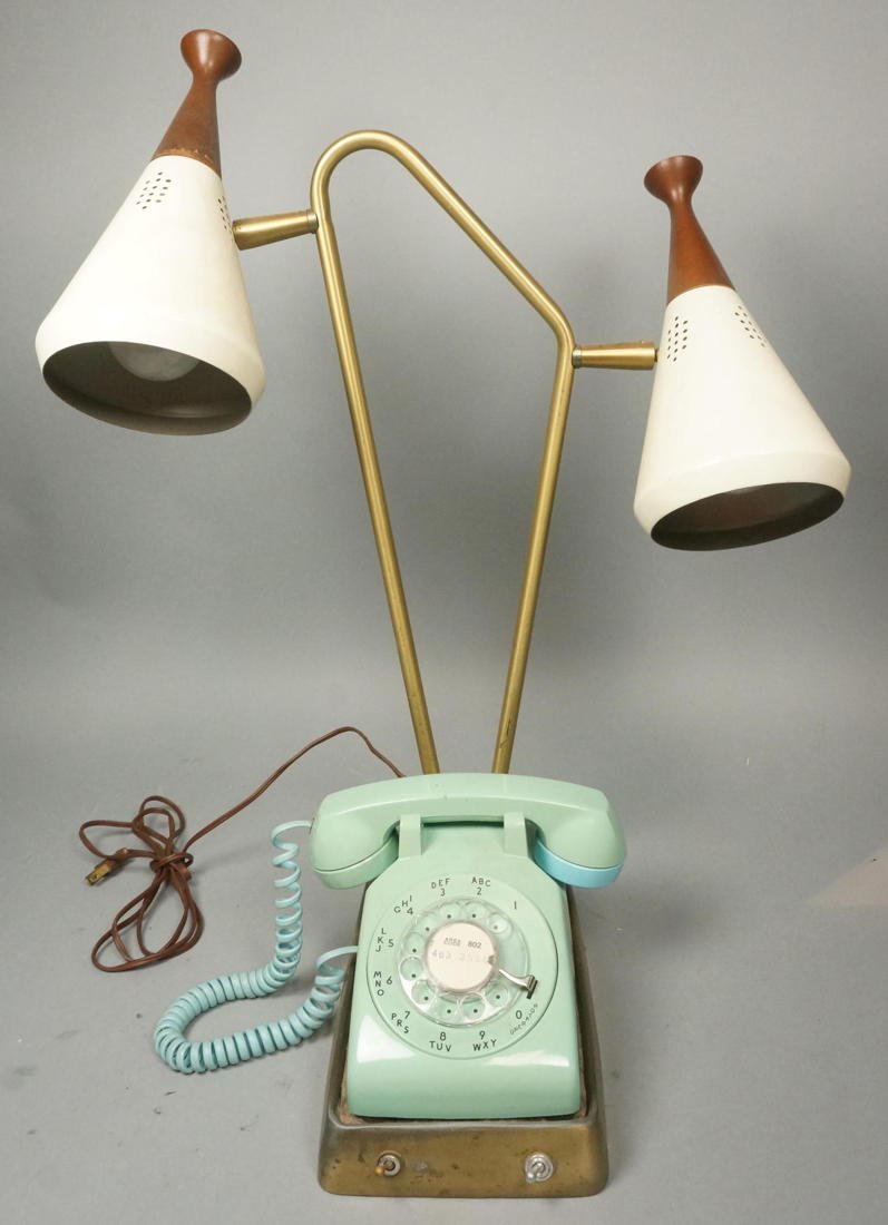 50's Modern Turquoise Telephone Table TV Lamp. Ye: 50's Modern Turquoise Telephone Table TV Lamp. Yes. That's a real aqua Phone. Brass tone hardware. -- Dimensions: H: 25 inches: W: 19 inches: D: 12.5 inches ---