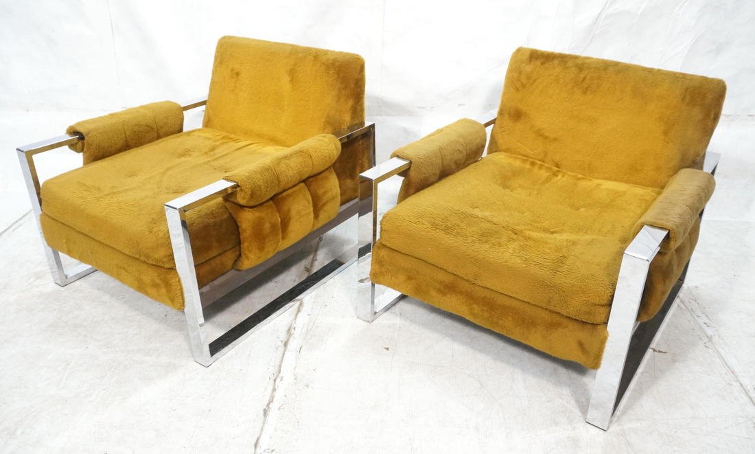Pr MILO BAUGHMAN style Chrome Lounge Chairs. Gold: Pr MILO BAUGHMAN style Chrome Lounge Chairs. Gold/Brown Plush Fabric. Upholstered arms. -- Dimensions: H: 27 inches: W: 30.5 inches: D: 33 inches ---