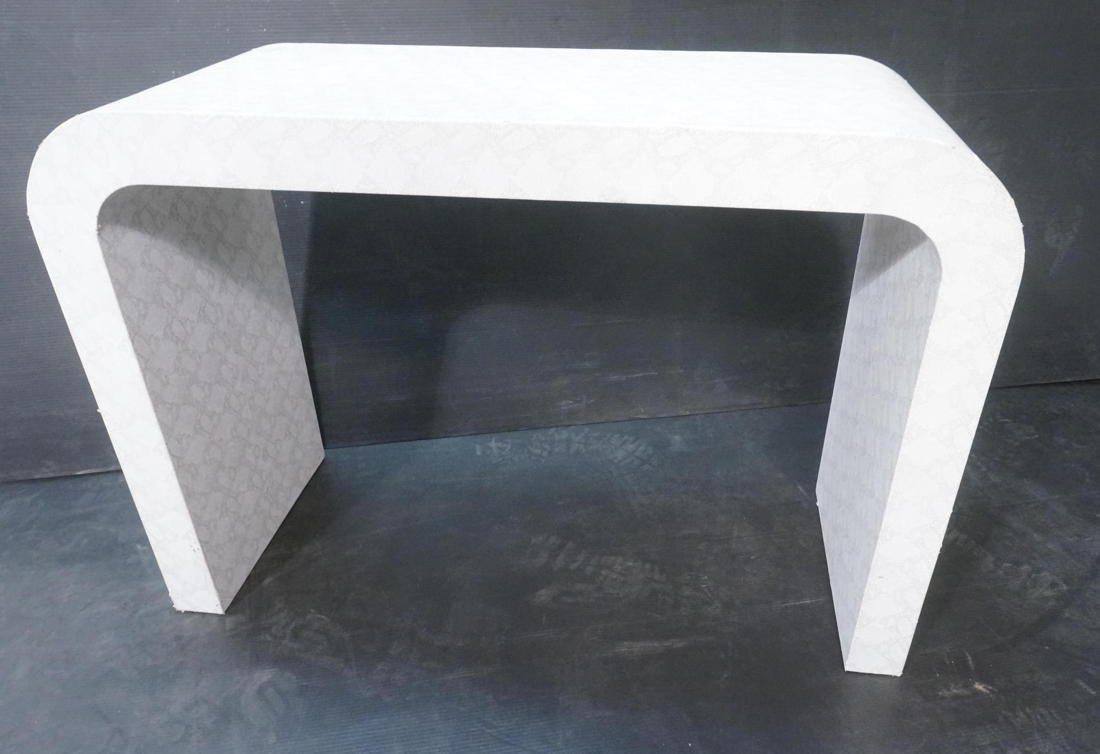 Springer Style Console Sofa Table with Faux Snake: Springer Style Console Sofa Table with Faux Snakeskin. Rounded ends.-- Dimensions: H: 29.25 inches: W: 42 inches: D: 16 inches ---