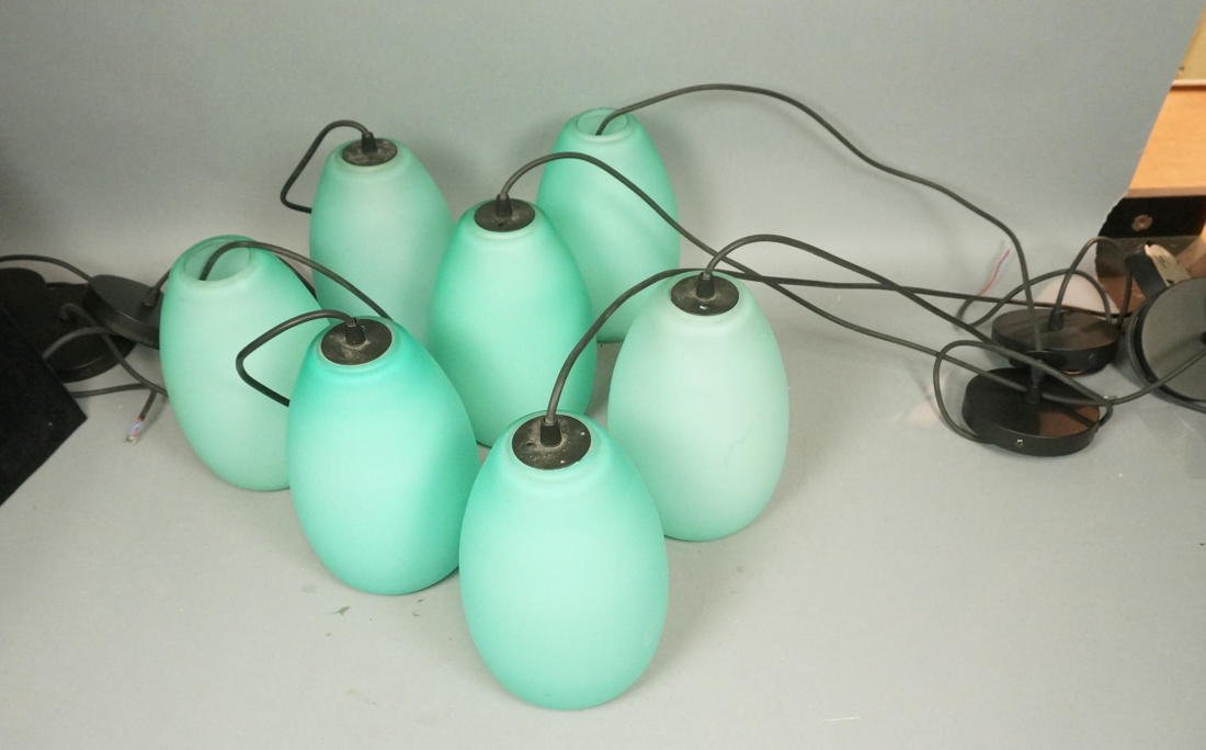 Set 7 Aqua Frosted Glass Hanging Pendant Lights.: Set 7 Aqua Frosted Glass Hanging Pendant Lights. Black ceiling caps. Shades are 10" x 6"-- Dimensions: ---