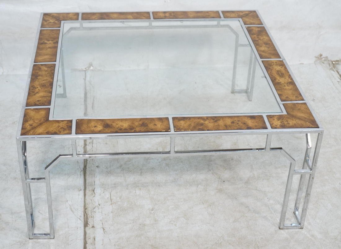 Milo Baughman coffee table, burl wood inserts. I: Milo Baughman coffee table, burl wood inserts. Inset glass.-- Dimensions: H: 16 inches: W: 36 inches: D: 36 inches ---