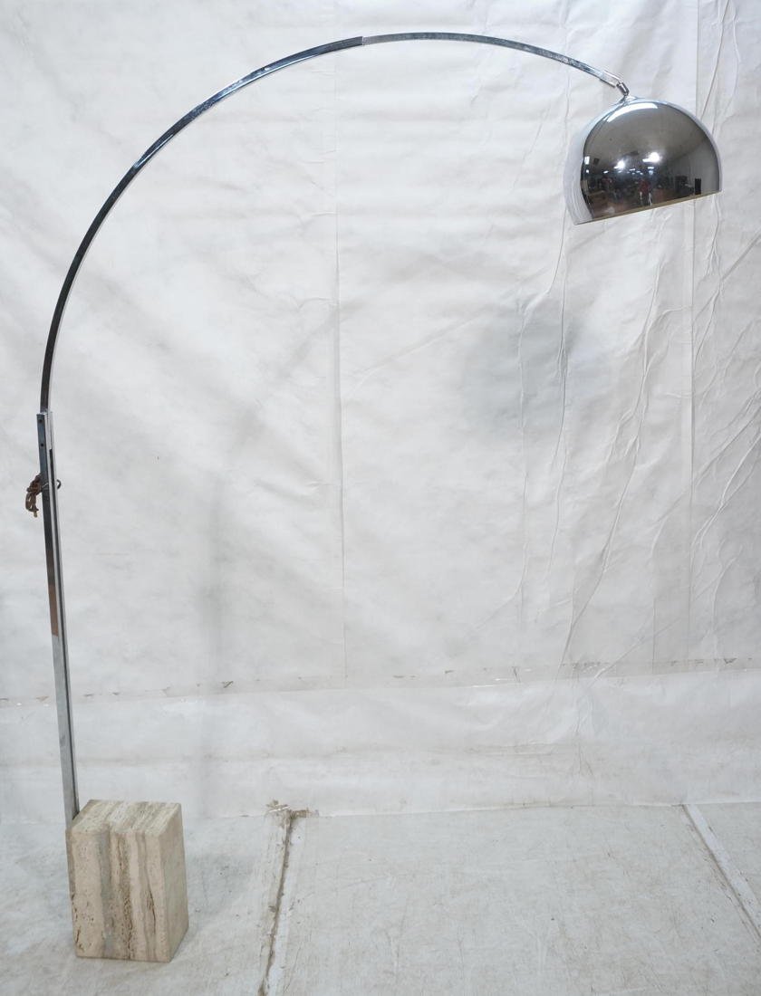 Arco floor lamp. Chrome lamp and travertine base.: Arco floor lamp. Chrome lamp and travertine base. Adjustable arc. NOT WORKING-- Dimensions: H: 86 inches: W: 68 inches: D: 14 inches ---