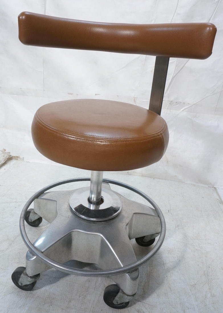 Vintage Flex-aire by Vancudent co. Dental operati: Vintage Flex-aire by Vancudent co. Dental operating stool. Swivel base, heavy duty casters. Brown leather or aluminum base. Adjustable seat.-- Dimensions: H: 29 inches: W: 21 inches: D: 17 inches ---