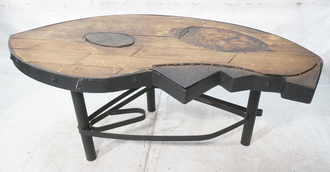 Harry Balmer style industrial wood plank coffee t: Harry Balmer style industrial wood plank coffee table. Swing out iron piece for compartment.-- Dimensions: H: 19 inches: W: 46 inches: D: 24 inches ---