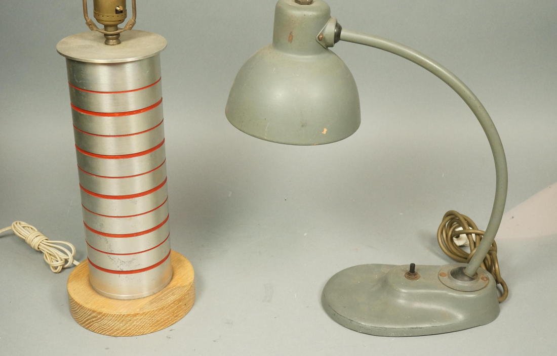 Pr industrial table lamps. 1 aluminum cylinder. 2: Pr industrial table lamps. 1 aluminum cylinder. 2 Kandem Marianne Brandt lamp with European plug. -- Dimensions: H: 16 inches: W: 13 inches: D: 6 inches ---