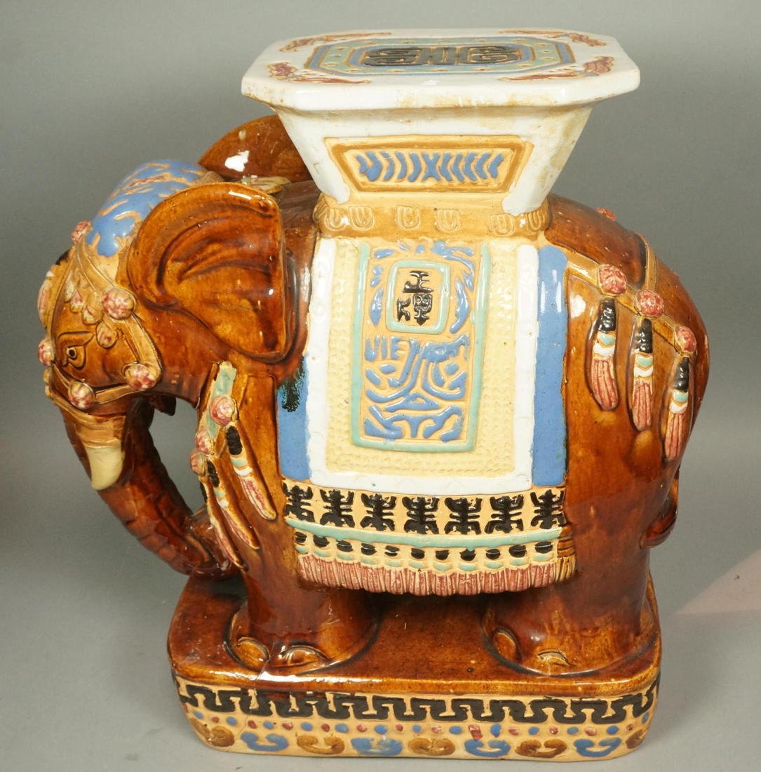 Asian pottery garden seat of elephant figure.: Asian pottery garden seat of elephant figure. -- Dimensions: H: 23 inches: W: 22 inches: D: 11 inches ---
