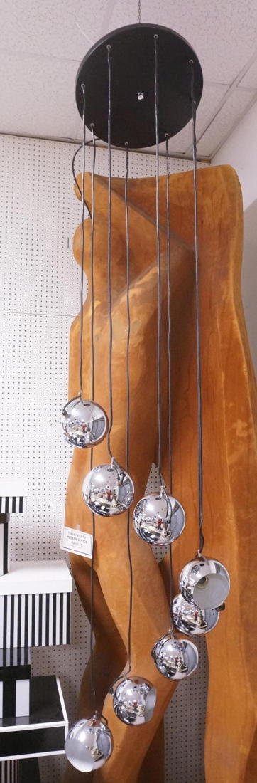 Large chrome 8 ball hanging chandelier. 8 balls o: Large chrome 8 ball hanging chandelier. 8 balls on adjustable wires.-- Dimensions: H: 94 inches: W: 18 inches: D: 18 inches ---