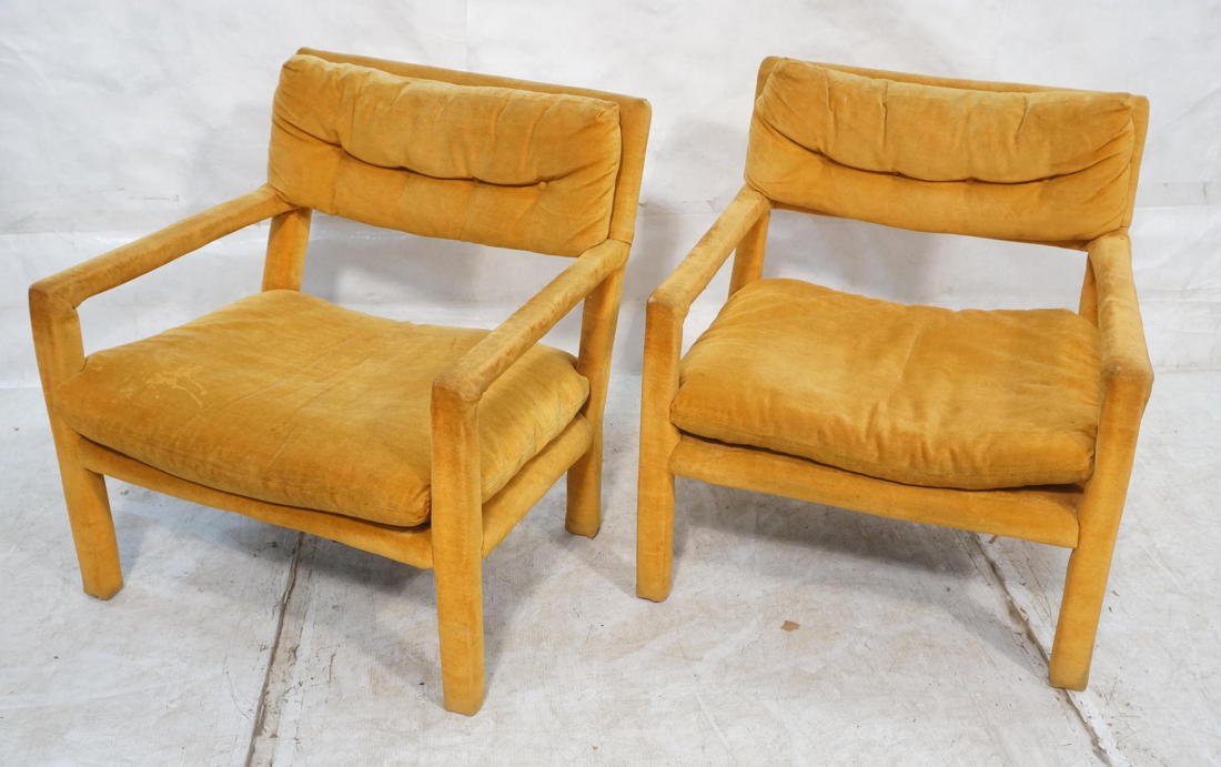 Pr Milo Baughman style orange arm chairs. Tufted: Pr Milo Baughman style orange arm chairs. Tufted back cushions-- Dimensions: H: 31 inches: W: 29 inches: D: 29 inches ---