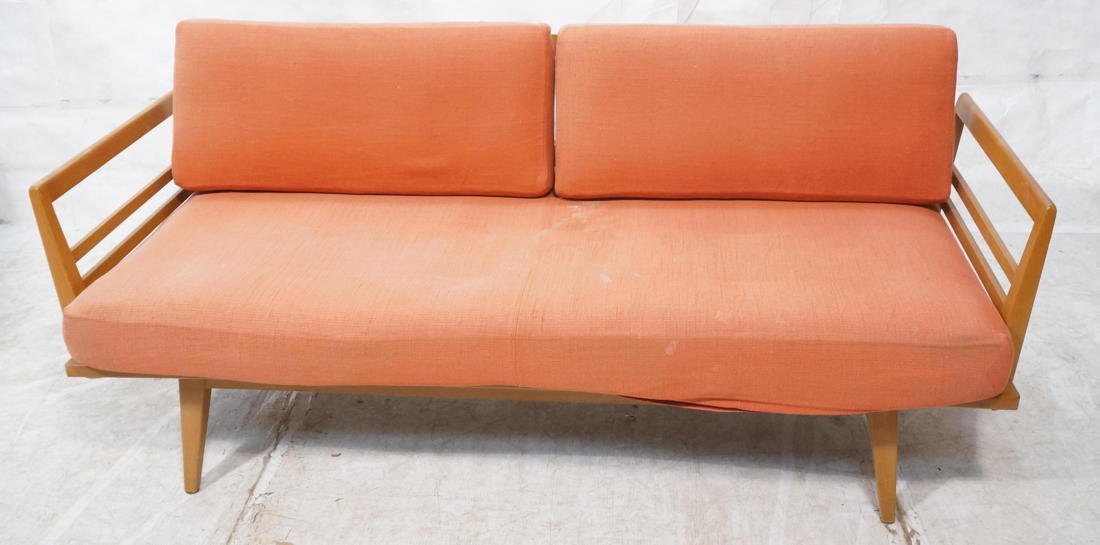 Mid century American modern sofa day bed. one arm: Mid century American modern sofa day bed. one arm folds down. Nice exposed frame on back and sides. Bunjee cord straps. Back adjustable.-- Dimensions: H: 32 inches: W: 69 inches: D: 32 inches ---