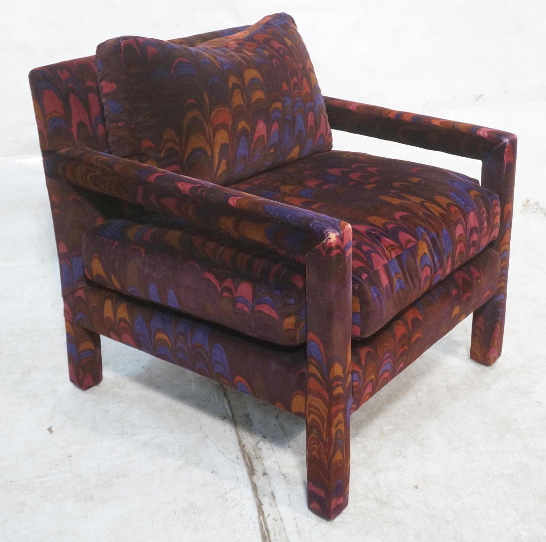 Milo Baughman style arm lounge chair. Heavy const: Milo Baughman style arm lounge chair. Heavy construction. Larson Style fabric.-- Dimensions: H: 29 inches: W: 29 inches: D: 31 inches ---