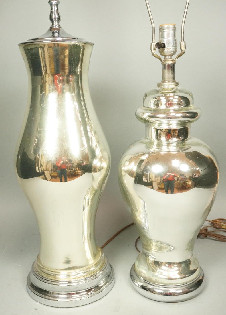 2 Mercury glass table lamps. one tall, one urn s: 2 Mercury glass table lamps. one tall, one urn style. -- Dimensions: H: 36 inches: W: 8 inches: D: 8 inches ---