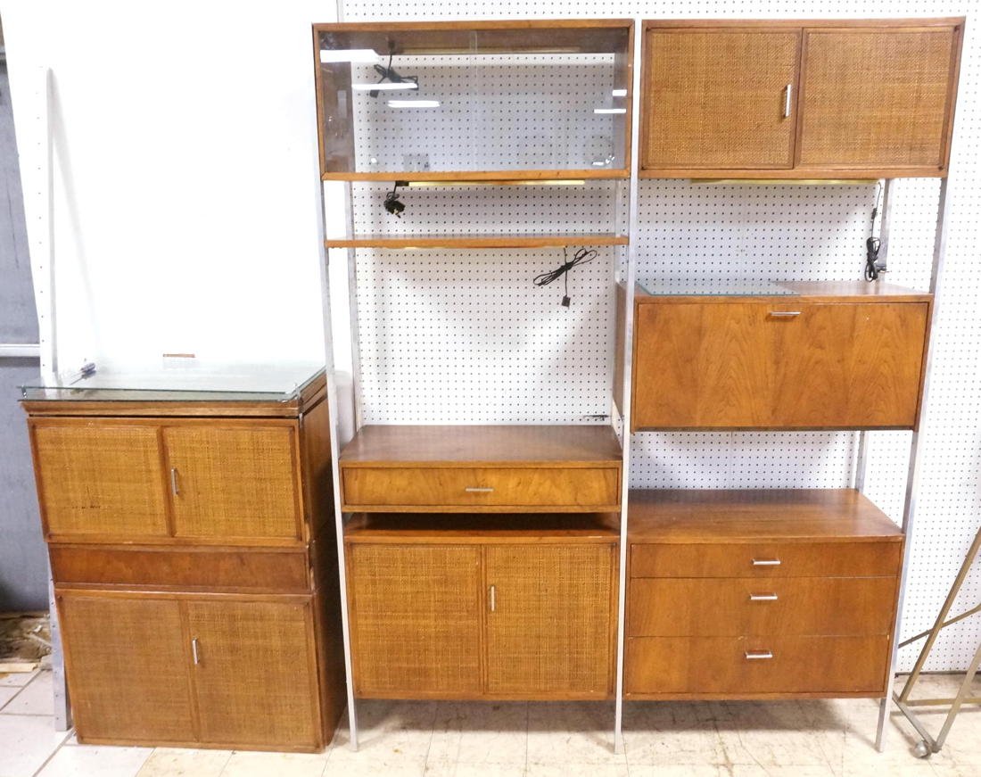 3 Section Founders American Modern wall unit. Wal: 3 Section Founders American Modern wall unit. Walnut and chrome. 9 cabinetry pieces. 2 glass shelves. 3 wood shelves. 1 cabinet has 3 drawers. 2 single drawer cabinets. 2 small woven door cabinets. 2 