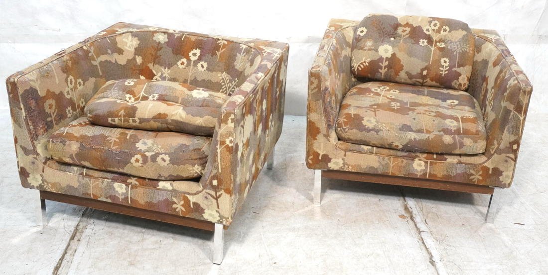 Pair of Milo Baughman Style lounge chairs. Square: Pair of Milo Baughman Style lounge chairs. Square form with barrel back on metal legs with wood stretchers-- Dimensions: H: 23 inches: W: 30 inches: D: 29 inches ---