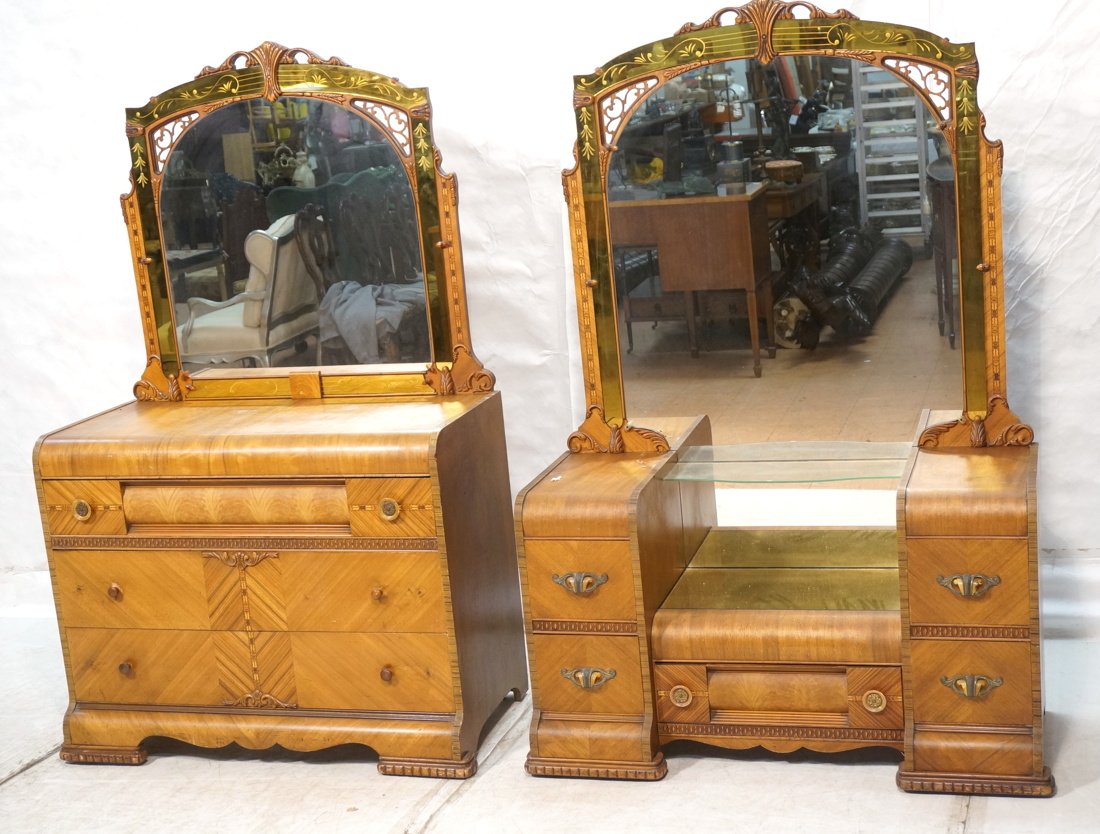 2 pcs Art Deco Waterfall Dresser and Vanity with: 2 pcs Art Deco Waterfall Dresser and Vanity with Yellow Etched Mirrors. Fancy mirrors with wood carving.-- Dimensions: H: 73 inches: W: 48.25 inches: D: 20 inches ---