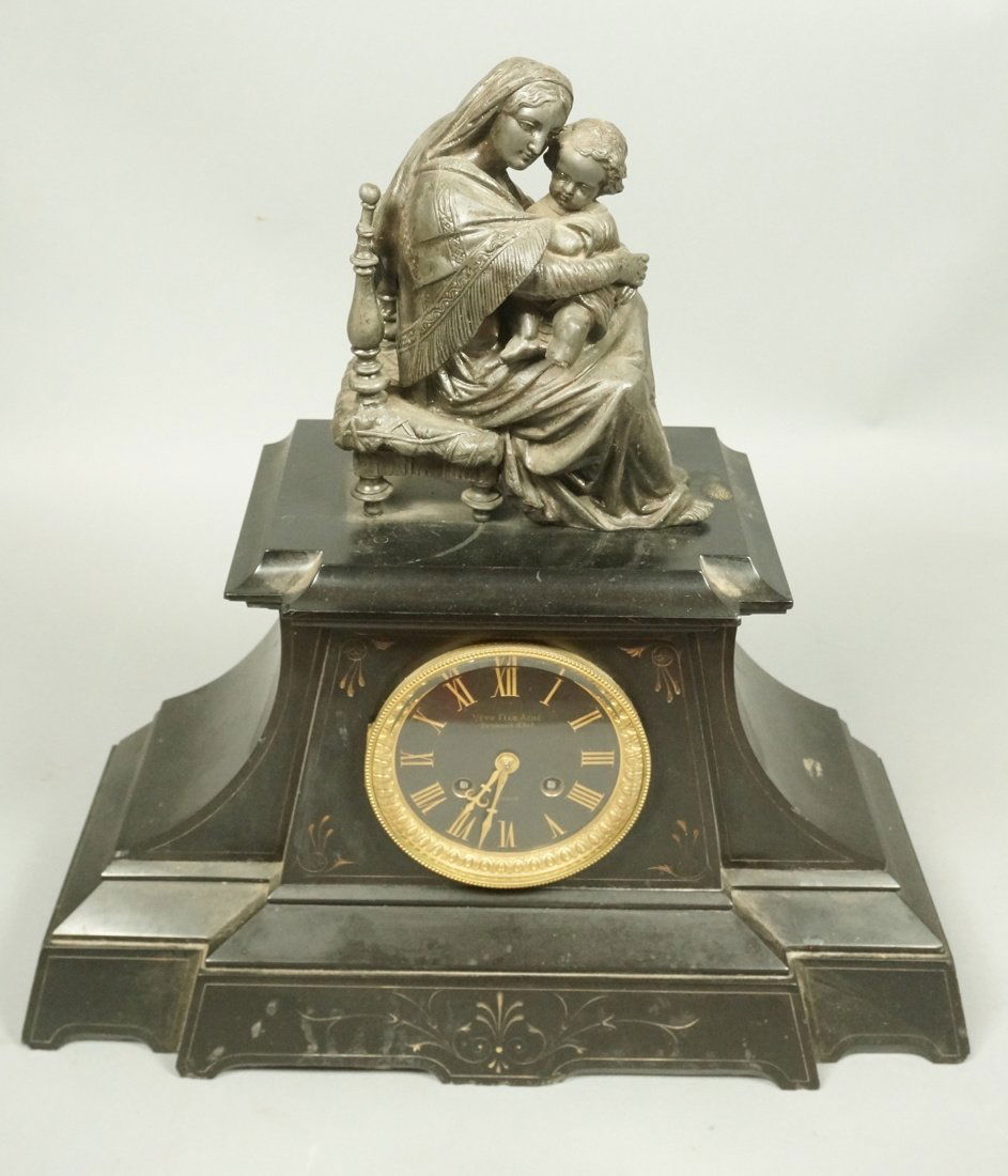 Vintage VETU FILS AINE Paris Mantle Clock. French: Vintage VETU FILS AINE Paris Mantle Clock. French Marble & Metal Clock with Seated Figure. -- Dimensions: H: 17 inches: W: 16 inches: D: 7.5 inches ---