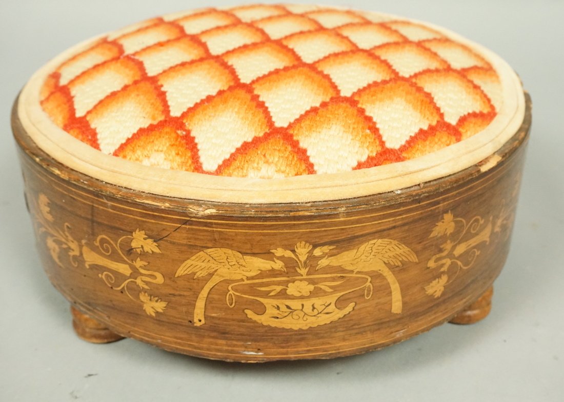 Antique Small Round Footstool. Inlaid Bird & Flow: Antique Small Round Footstool. Inlaid Bird & Flowers detail. Bargello embroidered top. -- Dimensions: H: 4.75 inches: W: 11.5 inches: D: 11.5 inches --- US Shipping charge: $35