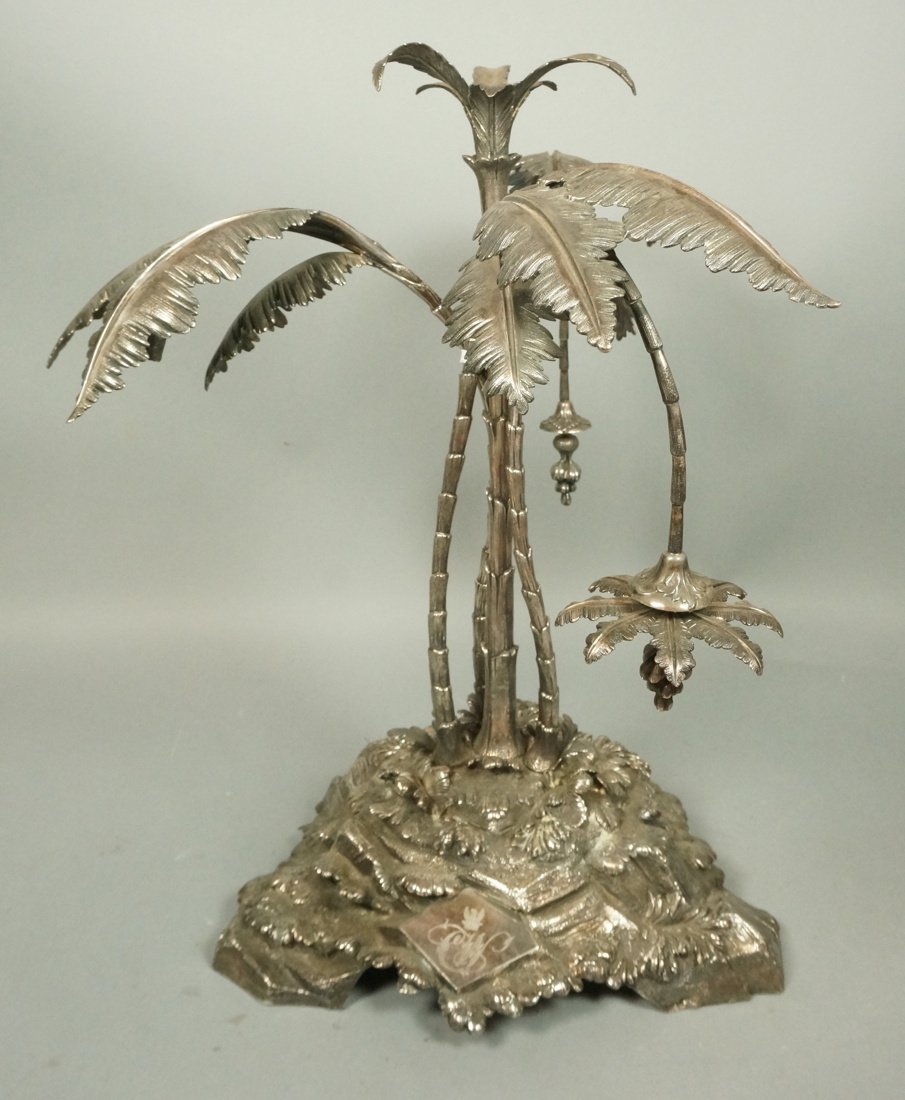 Antique Silver Plate Centerpiece. Large Impressiv: Antique Silver Plate Centerpiece. Large Impressive Palm Tree Figural Centerpiece. Eagle on front with crown. Etched Monogram CW. Not marked.-- Dimensions: H: 23 inches: W: 21 inches: D: 21 inches ---
