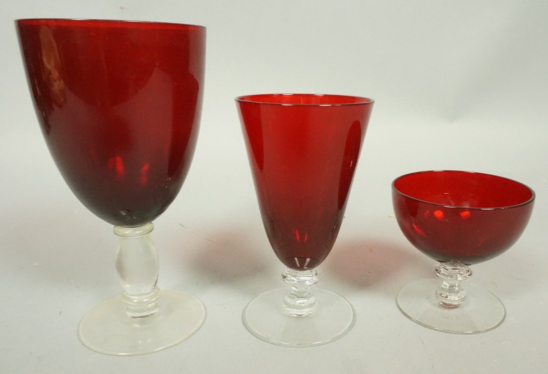 23pc Ruby Red 7 Tall Goblets. 8 Sherbets. 8 Flute: 23pc Ruby Red 7 Tall Goblets. 8 Sherbets. 8 Flutes. Probably Imperial Glass. -- Dimensions: H: 7.25 inches: W: 4 inches: D: 4 inches --- US Shipping charge: $50