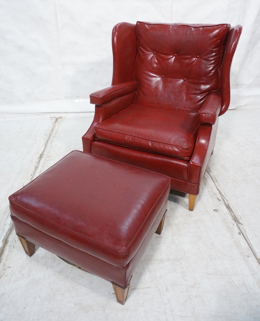 Red Leather Wing Chair & Ottoman. Metal stud trim: Red Leather Wing Chair & Ottoman. Metal stud trim. YOUNG's Inc-- Dimensions: H: 38 inches: W: 35 inches: D: 40 inches ---
