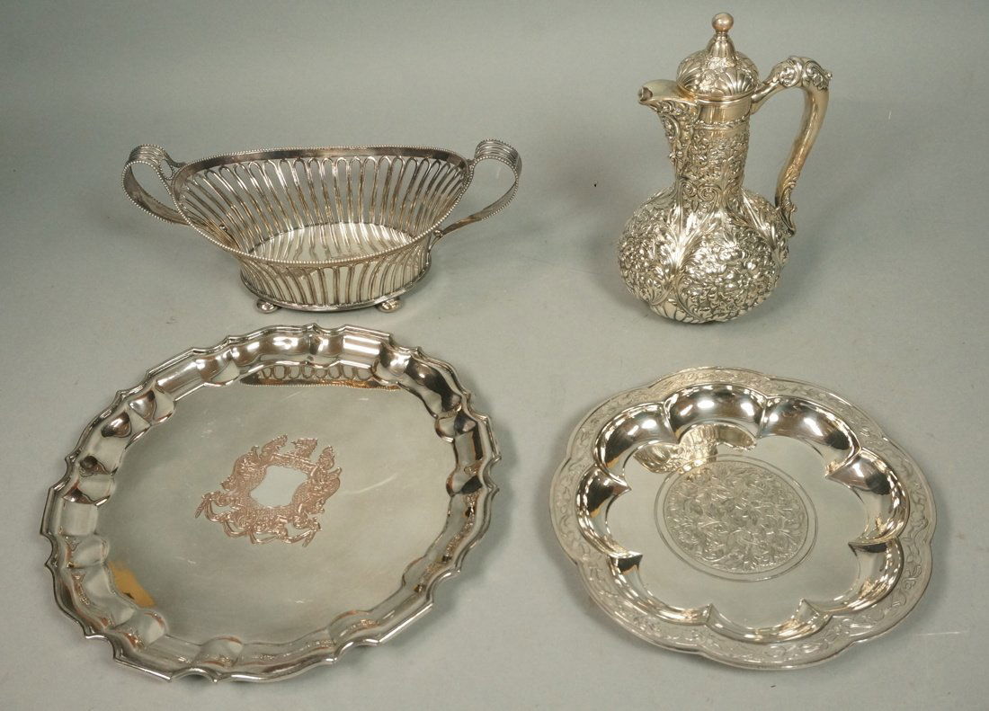 4pc Silver Plate Lot. Basket, Pitcher, Two Plates: 4pc Silver Plate Lot. Basket, Pitcher, Two Plates. Pitcher: SIMPSON Hallmiller Quad Plate 1952. Basket marked with pineapple. Large tray Phoenix, star, line Plate over copper. Smaller tray plate Gorha