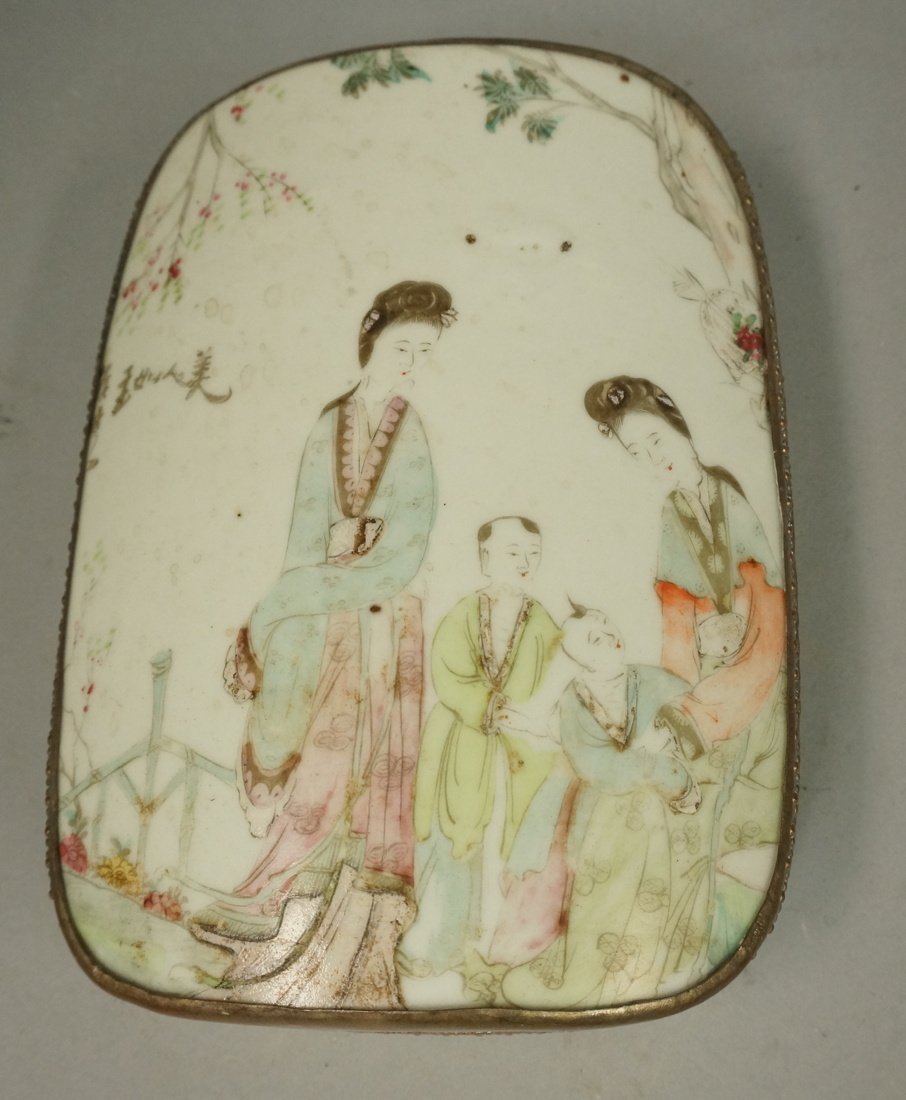 Metal Box. Chinese Soft paste porcelain fragment.: Metal Box. Chinese Soft paste porcelain fragment. Silver over copper. -- Dimensions: H: 2 inches: W: 7 inches: D: 5.5 inches ---