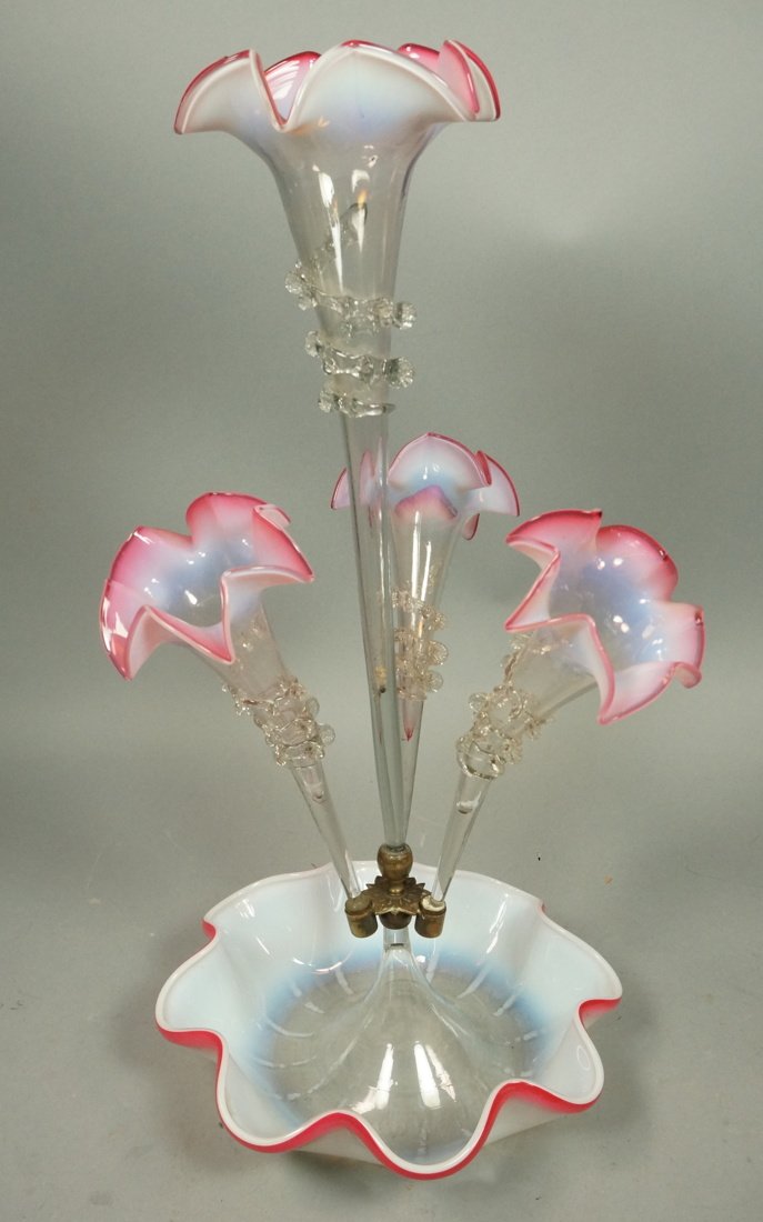 Victorian Four Arm Art Glass Epergne. Clear and m: Victorian Four Arm Art Glass Epergne. Clear and milky glass with pink lip rims. Applied clear glass swirls. -- Dimensions: H: 21.5 inches: W: 11.25 inches ---