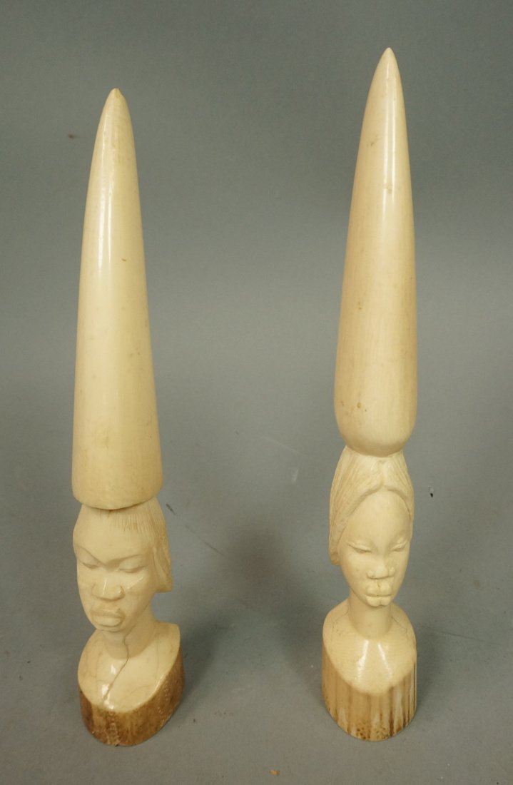 2pcs Antique African Carved Sculptures. Female Bu: 2pcs Antique African Carved Sculptures. Female Busts in carved ivory tusk form-- Dimensions: H: 10 inches --- US Shipping charge: $35