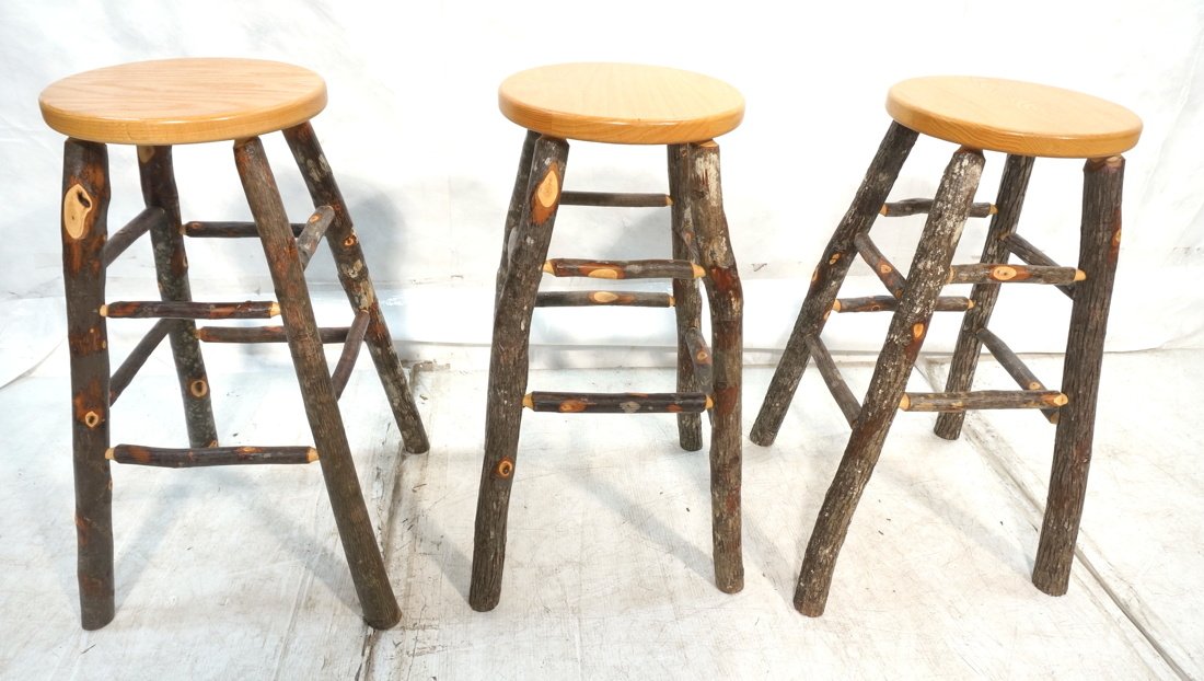 Set 3 Adirondack style Bar Stools. Natural Birch: Set 3 Adirondack style Bar Stools. Natural Birch legs with natural wood tops. Not marked.-- Dimensions: H: 30 inches: W: 18 inches: D: 18 inches ---
