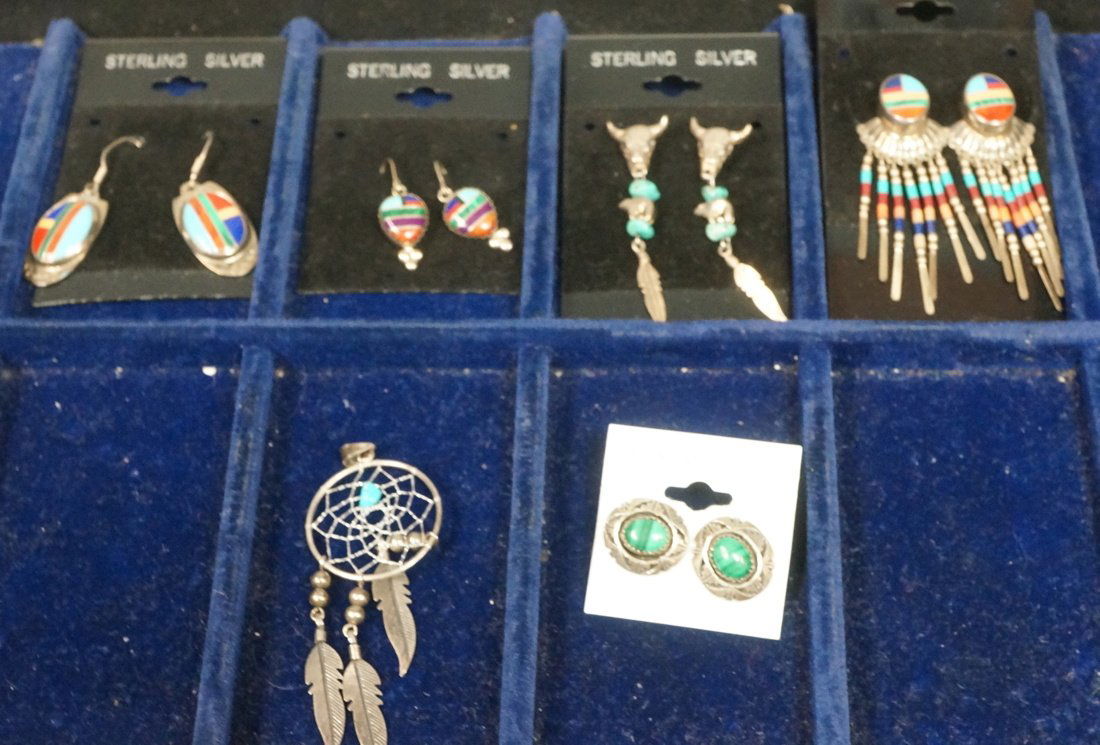 6pc Native American Indian Jewelry. Sterling and: 6pc Native American Indian Jewelry. Sterling and Semi precious stones. 4 pair dangle earrings with inlaid stone design. One pr Sterl & malachite posts. One dream catcher Turquoise pendant.-- Dimension
