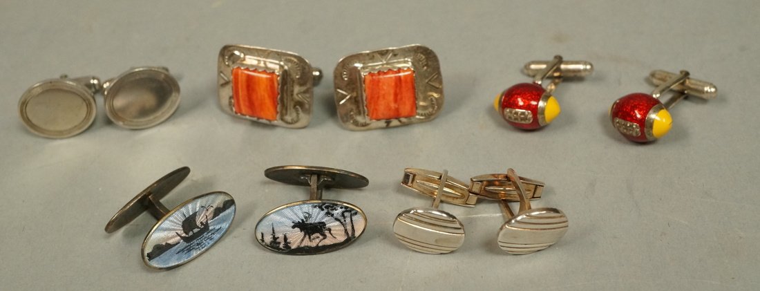 Lot 5 Sterling Cufflinks. 1). TIFFANY & CO plain: Lot 5 Sterling Cufflinks. 1). TIFFANY & CO plain oval links. 2). American Indian Spiny Oyster shell with sterl bezel. 3) DAVID ANDERSEN Norway Enamel. 4) Sterling Enamel Footballs, marked NR. Sterling